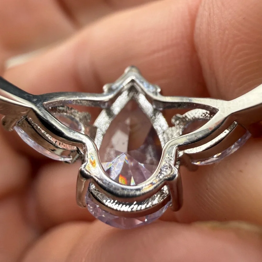 Vintage Cocktail Ring Silver Tone Rhinestone Pear Size 10